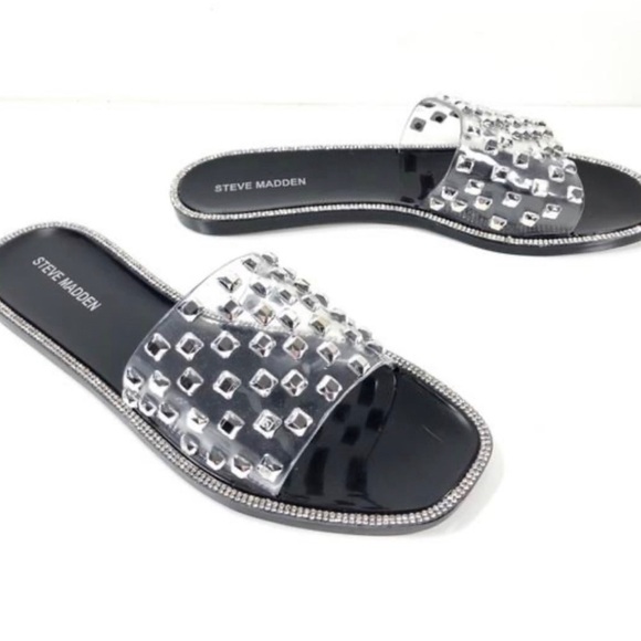 New! Steve Madden Jynn Black Jelly Slide Studs Jeweled Size 9 - Picture 1 of 9